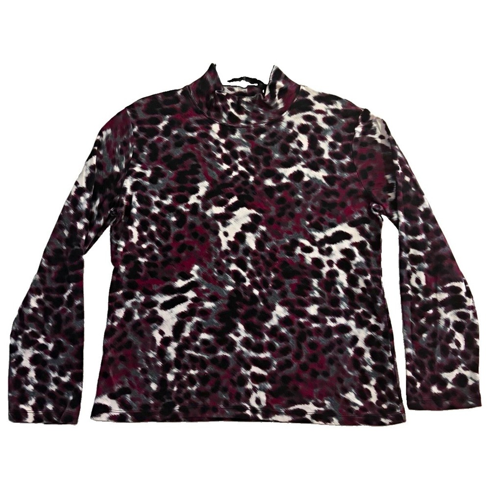 Jones New York Signature Burgundy Leopard Print Mock Neck Knit Top L Pullover